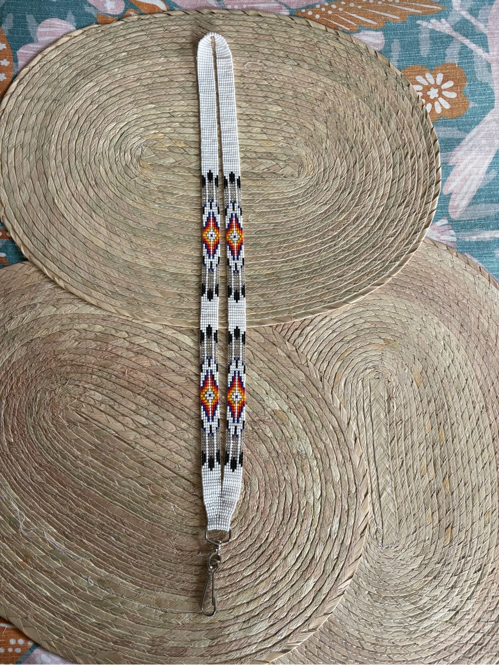 Handmade White Beaded Lanyard with Orange Geometric Accents